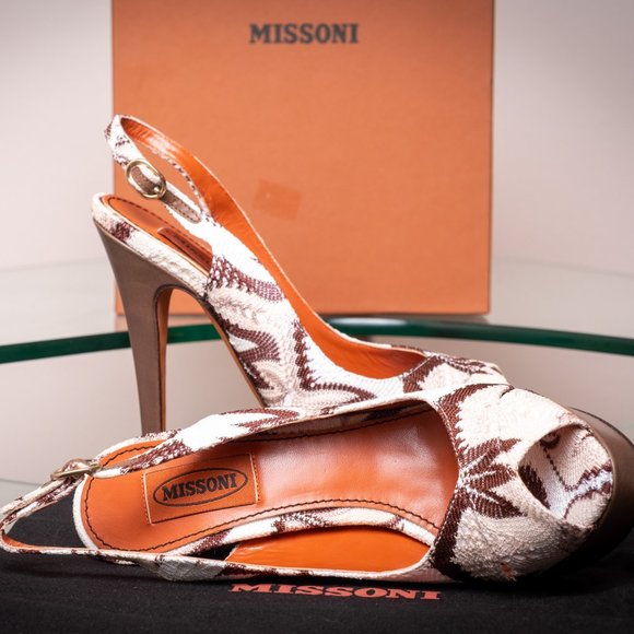 New Missoni Chevron Print Peep Toe Slingback Pumps 37.5